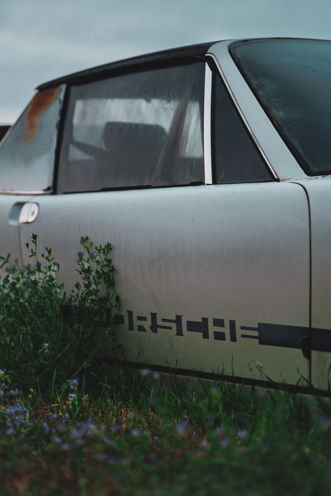 Weathered Porsche 914 sitting in tall grass and wildflowers under a grey sky