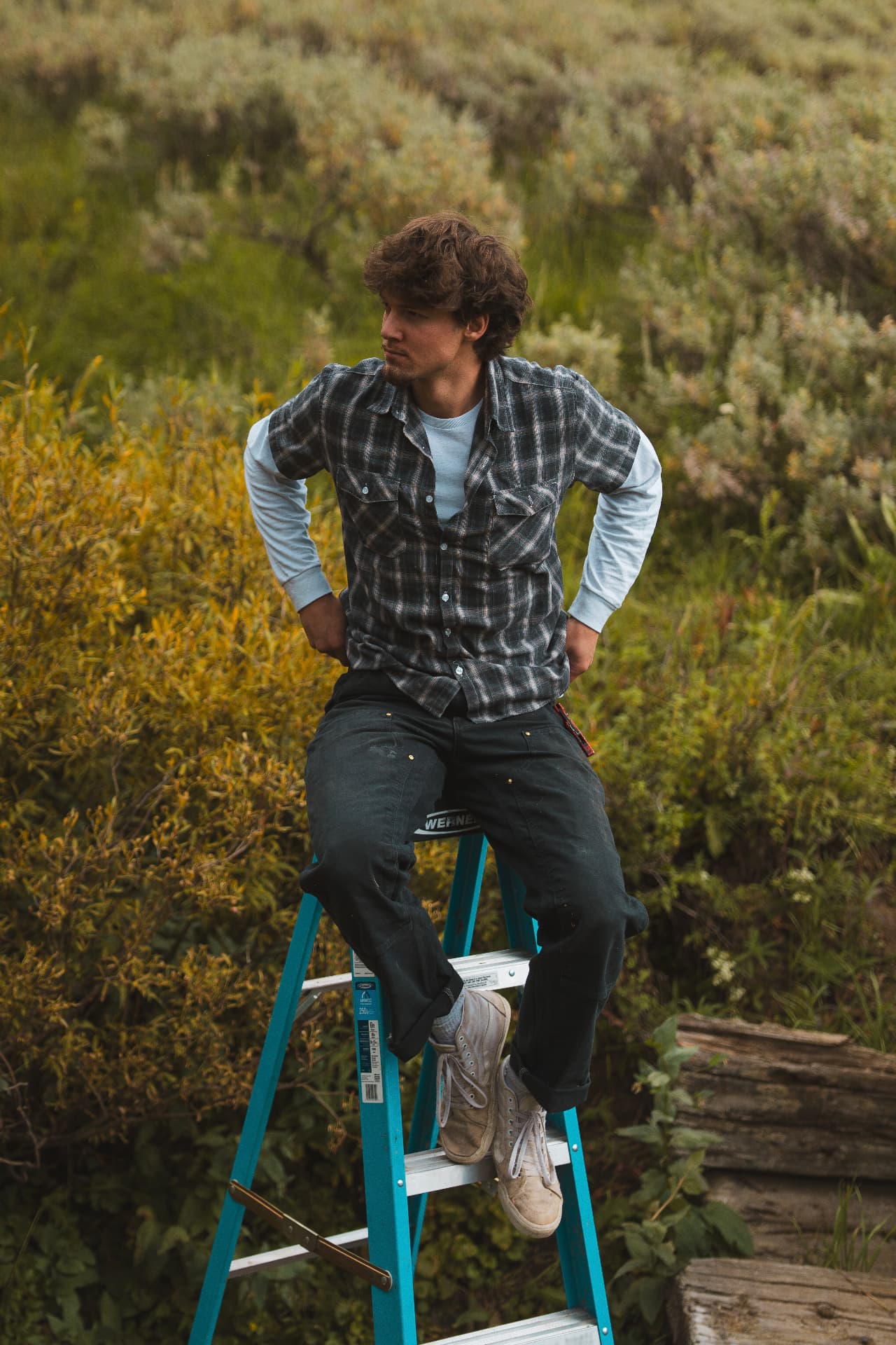 Nick Bauer seated on a teal ladder in tall brush, looking off-camera
